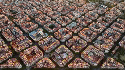 Preview: Aerial view of typical buildings of Barcelona cityscape. Eixample residential famous urban grid