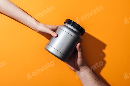 Preview: cropped view of man and woman holding grey jar on yellow