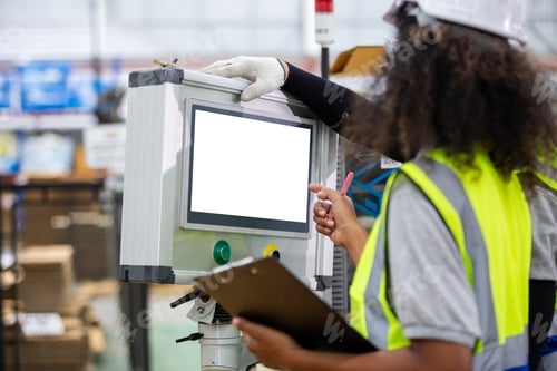 Preview: woman engineer using computer blank white screen controlling machine at workshop.