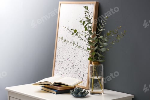 Preview: Beautiful eucalyptus branches on white table near black wall in modern room. Interior design