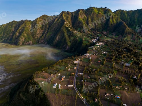 Preview: Village and Cliff at Bromo Volcano in Tengger Semeru, Java, Indonesia