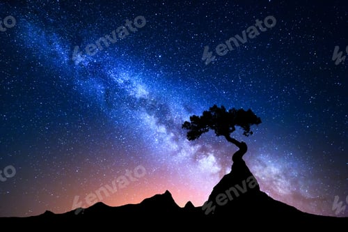 Preview: Starry sky with blue Milky Way. Night landscape