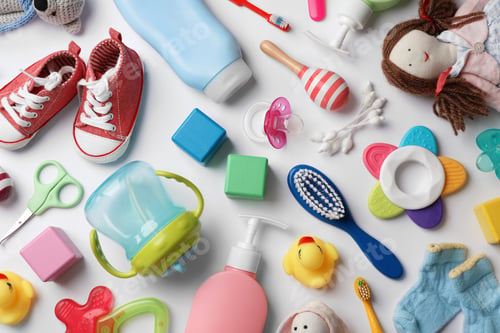 Preview: Flat lay composition with baby accessories on white background