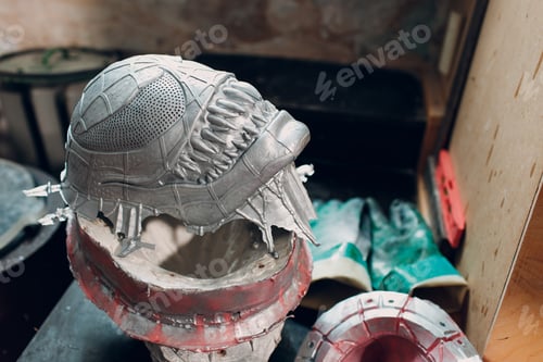 Preview: Artisan craftsman create mask based on plaster cast. Gypsum mold and plastic mask sculpting cutting