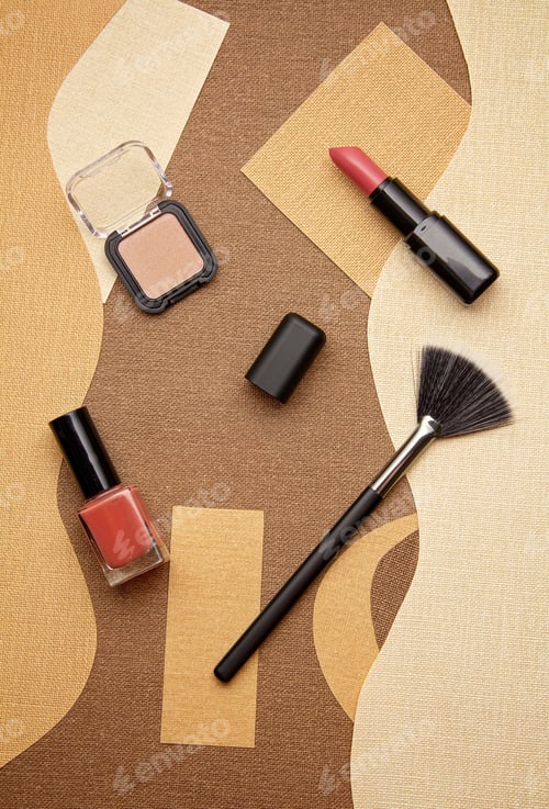Preview: Lipstick, eyeshadows, makeup brush and falce lashes. Make up artist, beauty salon, beauty blog