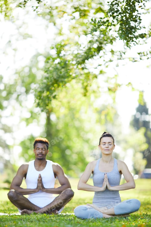Preview: Peaceful couple meditating in summer park