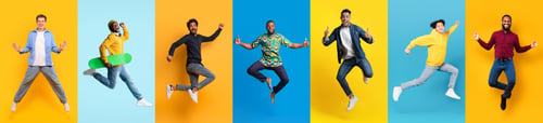 Preview: Vibrant Collage Of Men Displaying Dynamic Poses While Jumping Against Colorful Backgrounds