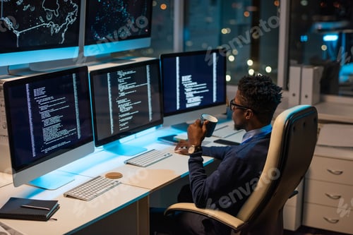 Preview: Young African programmer with drink looking at coded data on computer screen