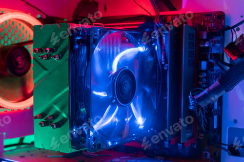 Preview: the new rgb color cooler ventilater installed on the cpu in gaming pc computer