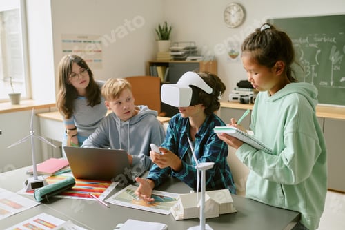 Preview: Diverse Teenagers Collaborating on Renewable Energy Project Using Virtual Reality