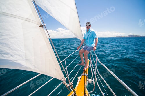 Preview: Tourist on a sailing boat trip in the Bay of Islands, from Russell, Northland Region, North Island,