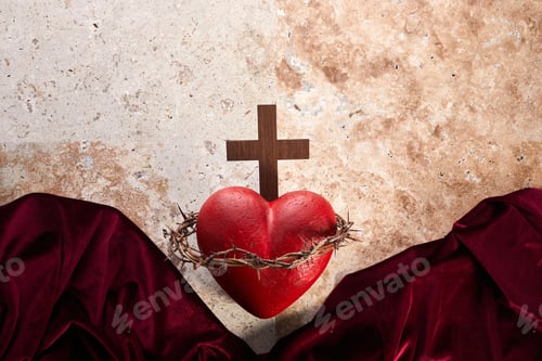 Preview: Sacred Heart of Jesus, surrounded by a crown of thorns and with wooden cross