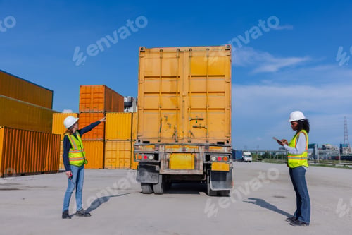 Preview: Two Female Workers Directing Cargo Truck at Shipping Yard,