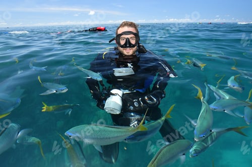 Preview: portrait of an underwater photographer above the water