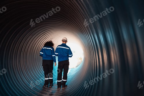 Preview: Workers inside a big steel pipe building a pipeline for oil, gas, and fuel at an industrial site.
