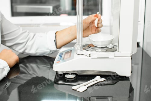 Preview: Precision weighing technique in a laboratory setting with a digital balance and measuring tools in