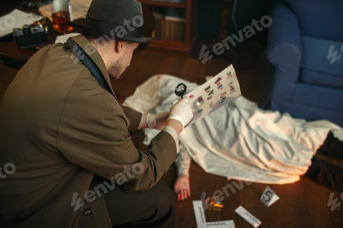 Preview: Detective with magnifying glass looking letter