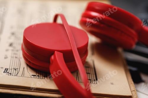 Preview: Sheet music and red headphones on the piano keys
