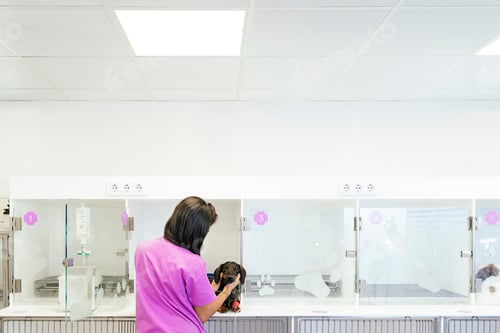 Visualização: Médico veterinário abraçando um lindo cachorro.