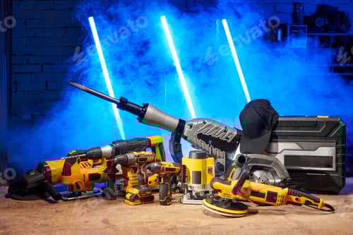 Preview: set of electric tools in one place: angle grinder, jigsaw, puncher, screwdriver, wrench, milling