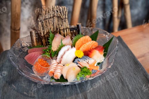 Preview: Various japanese fresh sashimi fish and seafood set