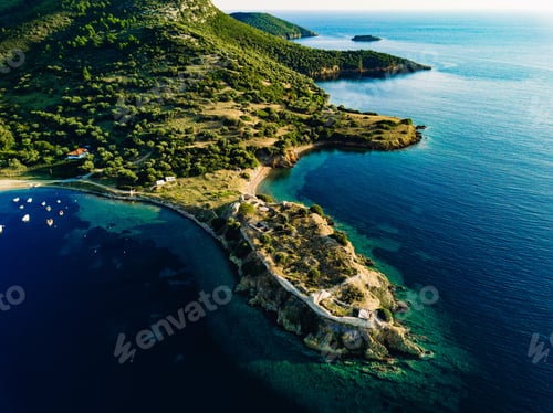 Preview: Aerial view of rocks and blue sea lagoon in Greece