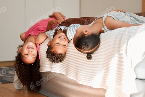 Preview: Kids lying on bed playful, fun and silly generation with cute hairstyle and smiling portrait. Relax