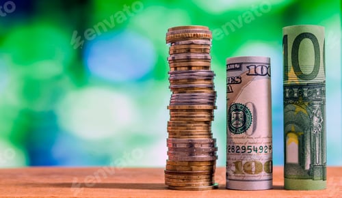 Preview: Stack of Coins and Rolled Currency, Economy Concept