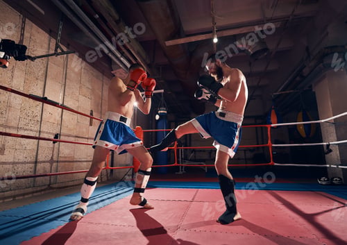 Preview: Boxers training kickboxing in the ring at the health club