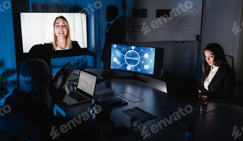 Preview: Trading teamwork doing online meeting for blockchain research inside hedge fund office