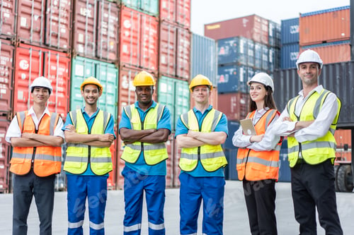 Preview: Portrait group of male and female worker working in container terminal.