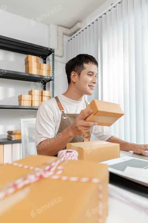 Preview: Ecommerce concept with startup entrepreneur handling goods, showing online store operations