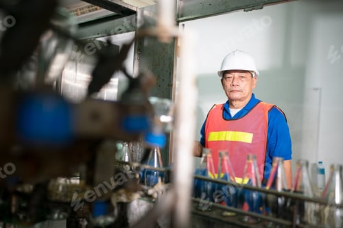 Preview: worker controlling the work of machine in production line at beverage industry.