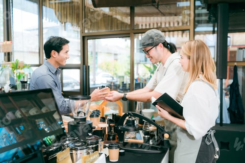 Preview: Smiling waitress wear apron take order to clients serving restaurant guests choosing drinks menu