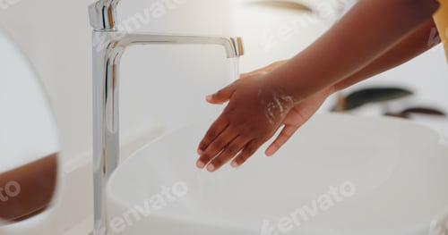 Preview: Child, tap and washing hands in water for hygiene, cleaning or bacteria or germ removal in sink at