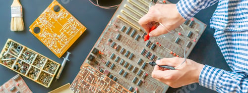 Preview: top view of electronic board and professional equipment on the table in workshop f