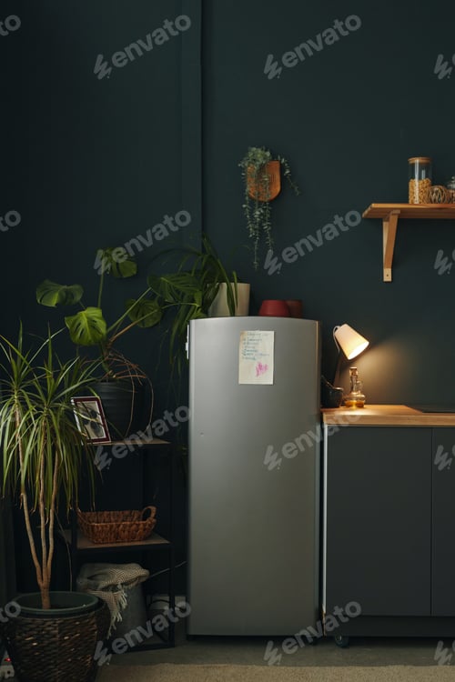 Preview: Modern Kitchen Displaying Plants, Refrigerator, and Lighting