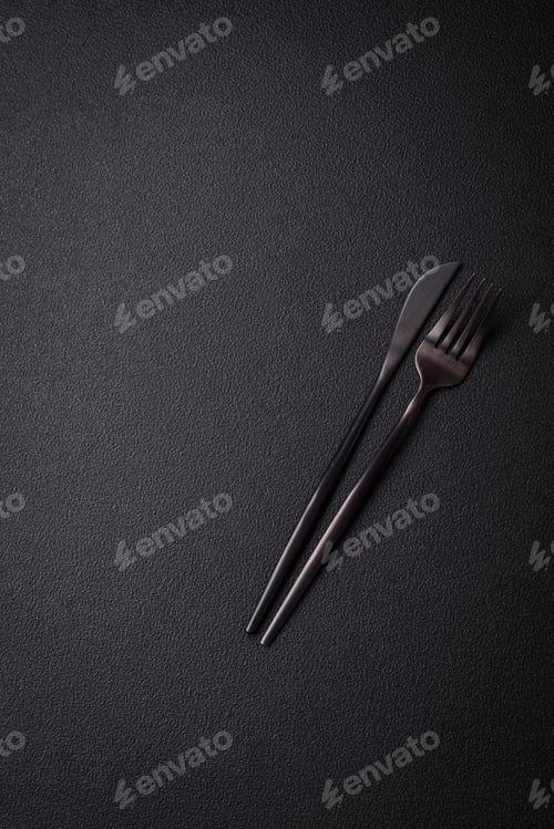 Preview: Kitchen knife and fork made of steel with copy space