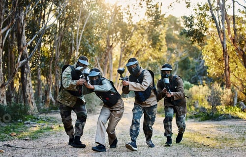 Preview: Battlefield, military and people with guns for paintball, shooting game and training in nature. Arm