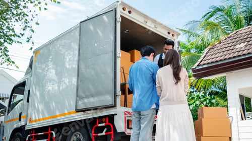 Preview: Asian Couple check while unloading boxes and furniture from a pickup truck to a new house with servi
