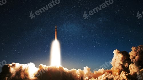 Preview: Rocket with clouds of smoke and blast successfully takes off into the starry sky