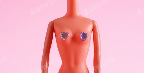 Preview: Close up body of plastic doll with rhinestones on breasts.