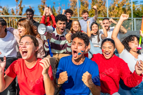 Preview: Diverse young sport fans cheering celebrating together at stadium
