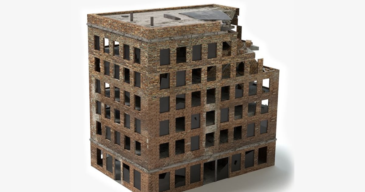 Red Brick Ruined Highrise Building 3D, Incl. architecture & damaged ...