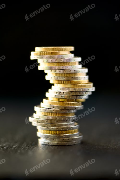 Preview: Euro money, currency. Success, wealth and poverty, poorness concept. Euro coins stack on dark black