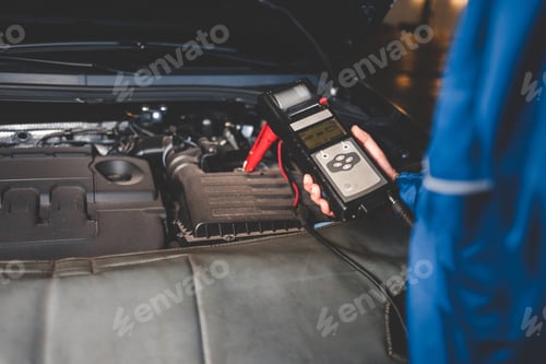 Preview: Auto mechanic checks car battery status. Checking the vehicle electrical system concept