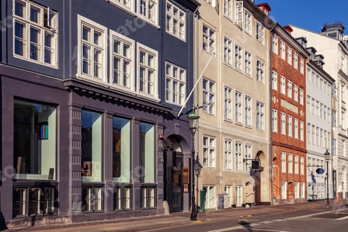 Preview: empty street with beautiful colorful buildings in copenhagen, denmark