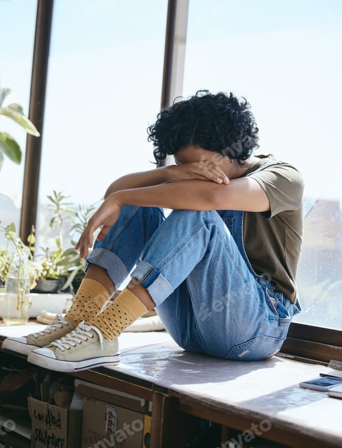 Preview: Depression, mental health and anxiety for girl sad with grief over death, pain or frustrated with m