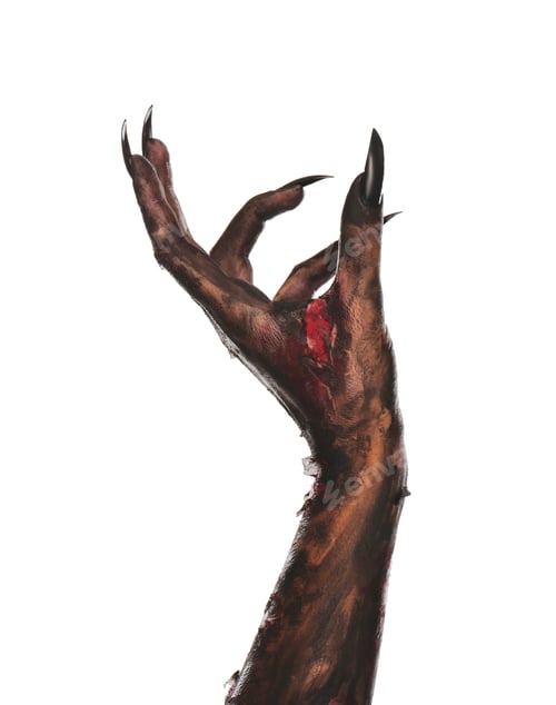 Preview: Scary monster on white background, closeup of hand. Halloween character