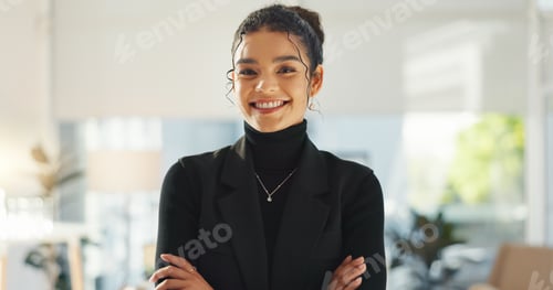 Preview: Crossed arms, happy and face of business woman in office for leadership, empowerment and success. C